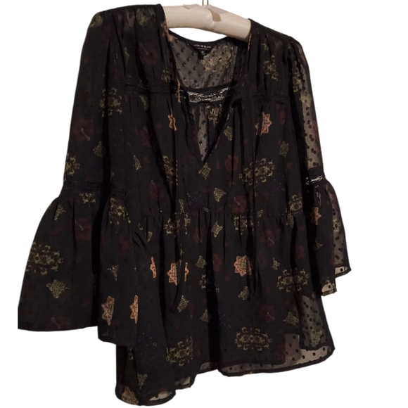 Lucky Brand Black Sheer Textured Boho Blouse with Bell Sleeves and Lace Inserts - Picture 3 of 9